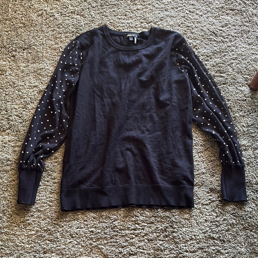 DKNY Black and White Crew Neck Sweater with Embellished Sleeves